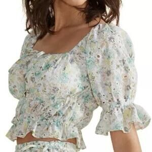 MINKPINK Irwin Eyelet Puff Sleeve Convertible Top Floral Coquette Sz Medium NWT